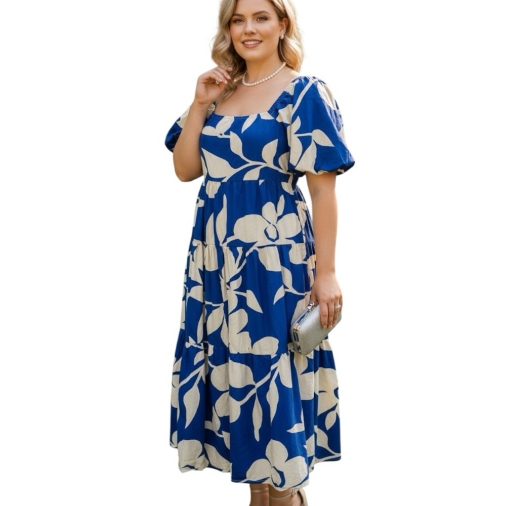 Meadow Rhodes XL Blue White Floral Puff Sleeve Cotton Dress